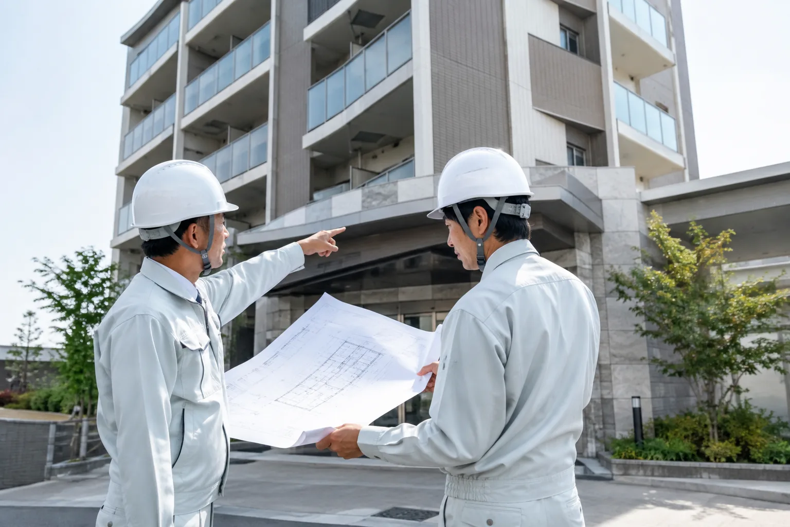 マンションの前で図面を確認する作業員のイメージ