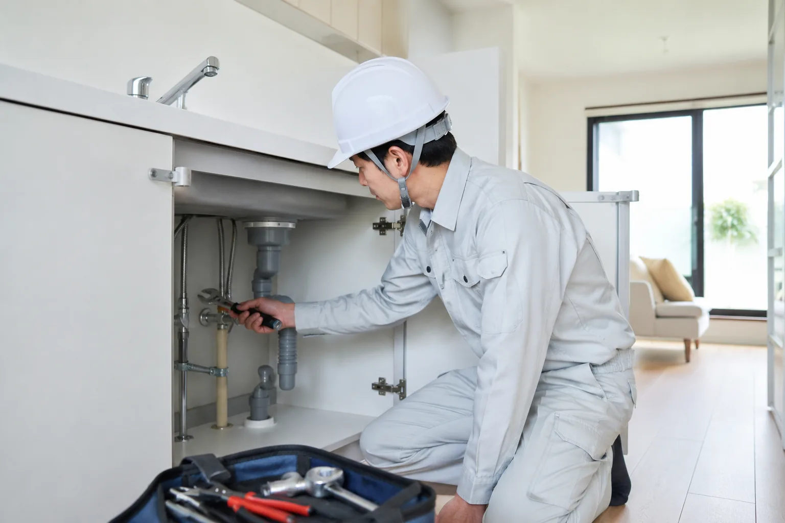 戸建て住宅の流し台を点検する作業員のイメージ