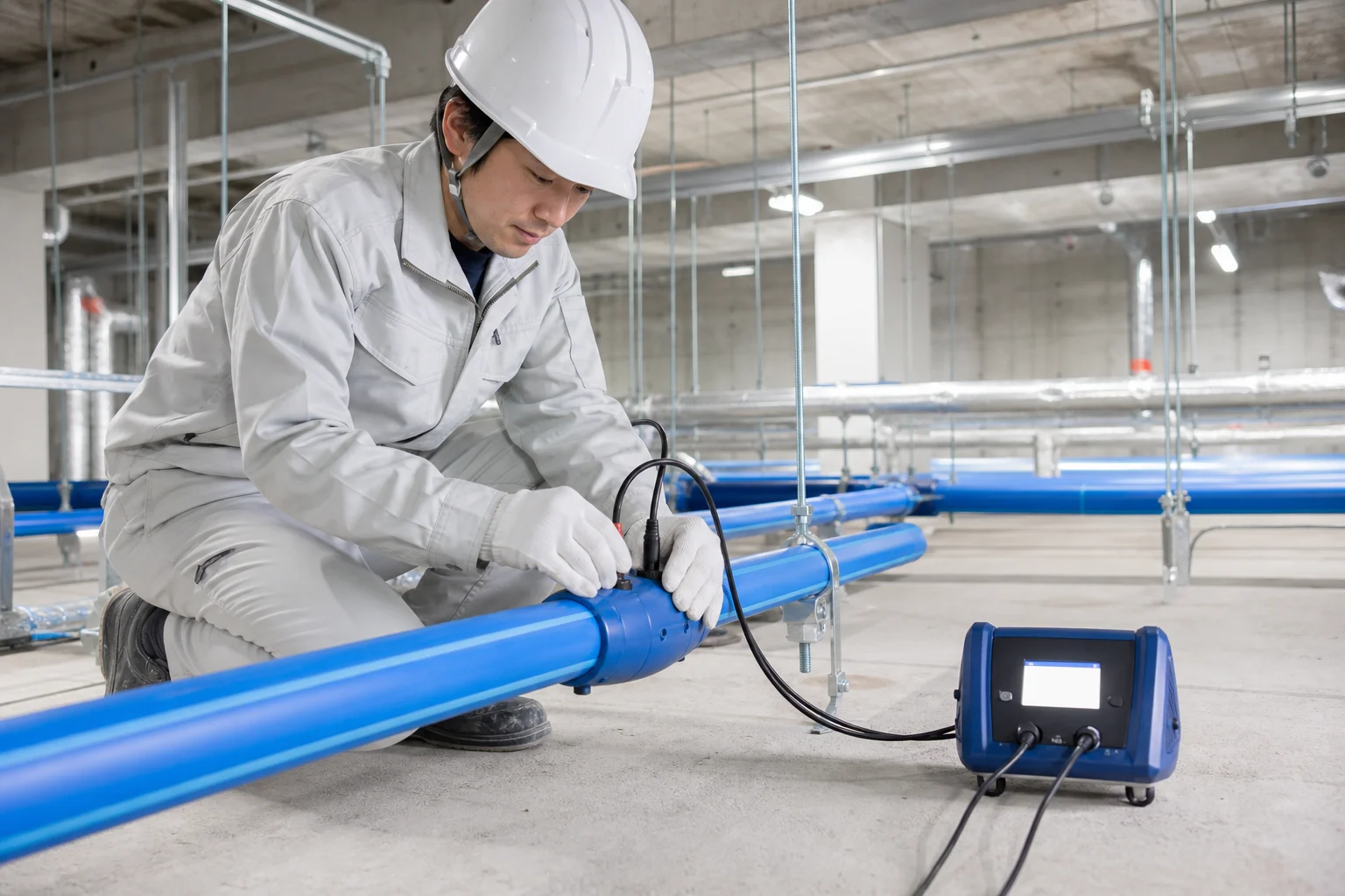 建物内の青い給水配管をEF接合する設備工事のイメージ