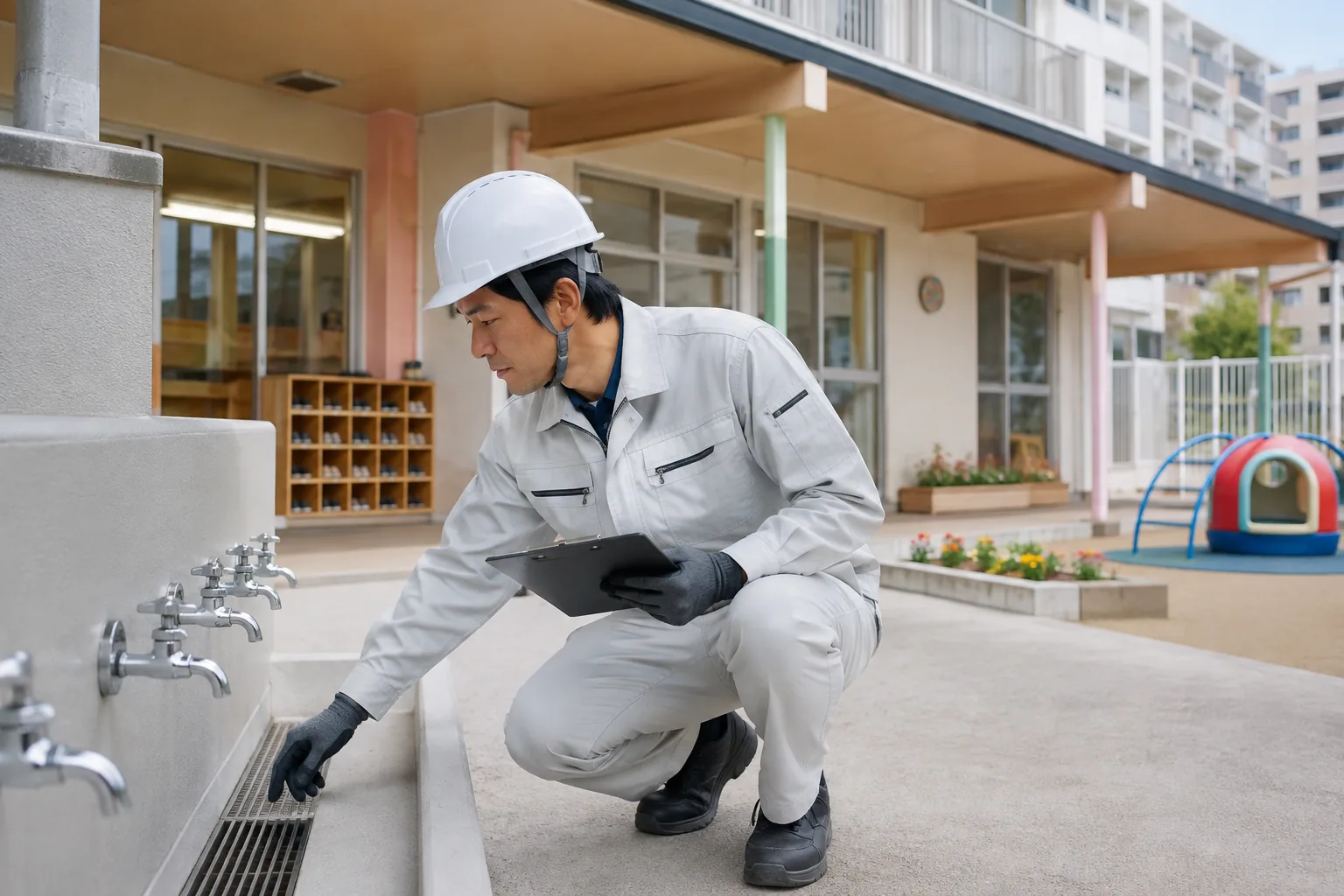 保育園で屋外の水回り設備を点検する作業員のイメージ