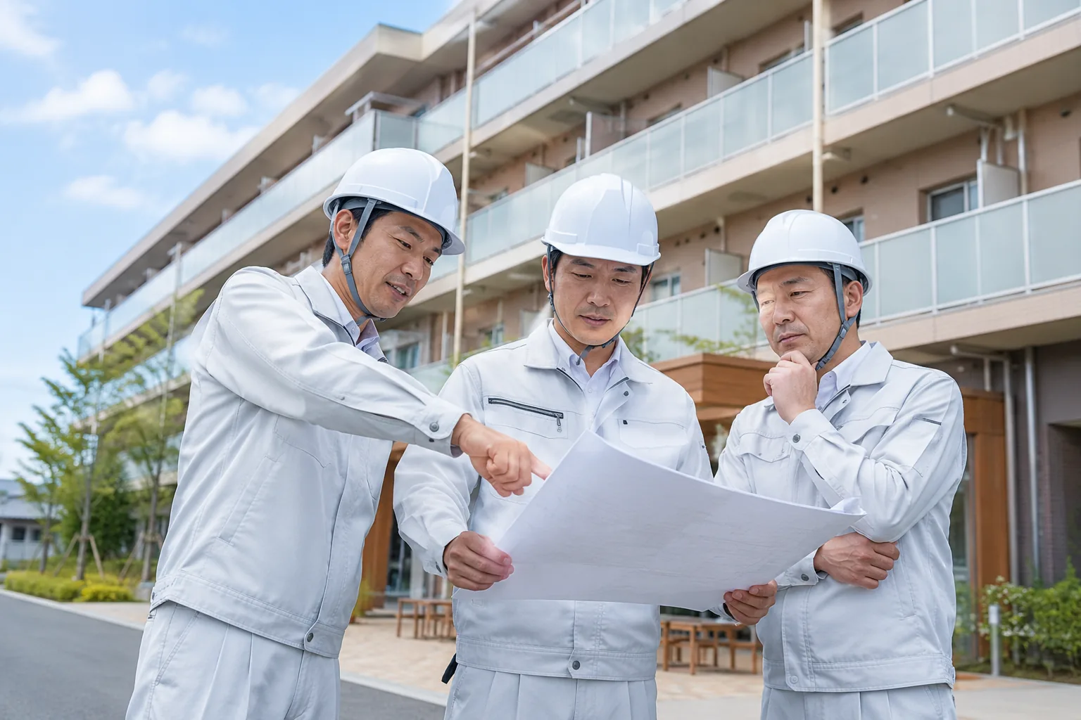マンションの前で図面を確認する作業員のイメージ
